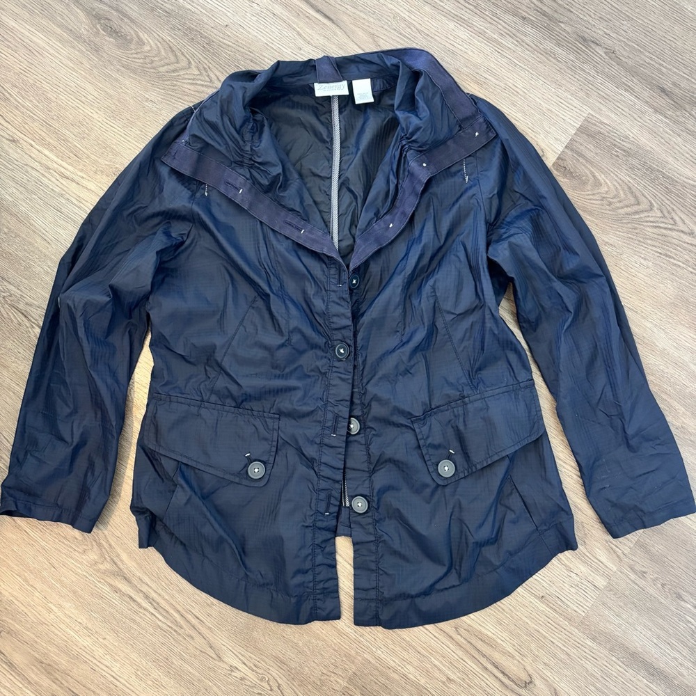 Zenergy by Chico’s Navy Blue Nylon Rain Jacket Windbreaker